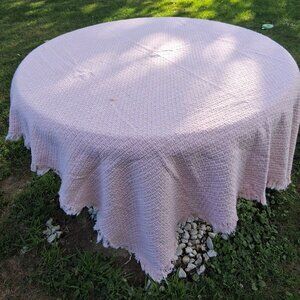 Rectangular Peach/Pink White Homespun Woven Cotton Tablecloth 66”x 51” fringe